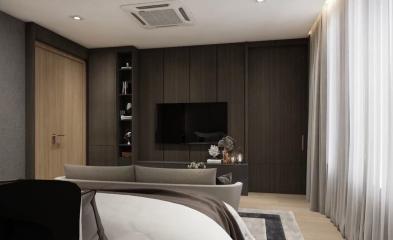 Modern living room with dark wood finish and contemporary furniture
