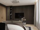 Modern living room with dark wood finish and contemporary furniture