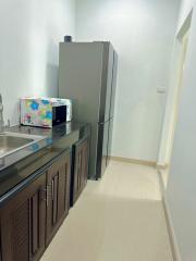 Compact kitchen area with refrigerator and microwave