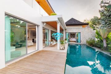Elegant patio with a swimming pool and access to indoor living space