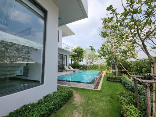 Modern home exterior with swimming pool and garden