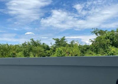 Scenic view of the sky and treetops seen from a balcony