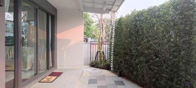 Cozy patio area with sliding glass door and privacy hedge