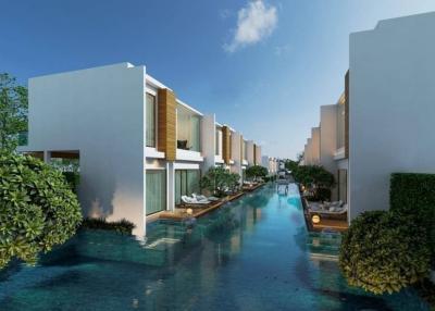 Modern townhouses with a communal swimming pool