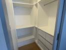 Spacious walk-in closet with built-in shelves and drawers