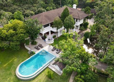 Aerial view of a luxury home with swimming pool and lush greenery