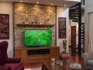 Modern living room with stone wall accent and mounted television