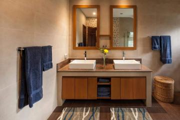 Modern bathroom with double vanity and large mirror