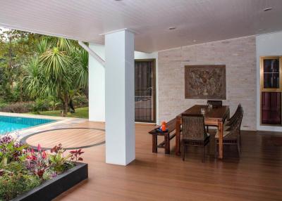 Spacious patio with dining area and swimming pool
