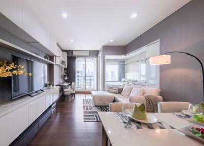 Modern and elegant living room with natural light and cityscape view