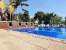 Spacious outdoor swimming pool with surrounding palm trees and seating area