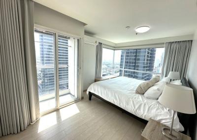 Bright and modern bedroom with large windows and city view