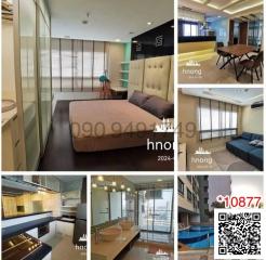Collage of multiple interior views including bedroom, living room, kitchen, and dining room in a modern apartment