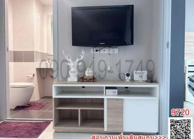Modern bathroom interior with mounted television and decorative elements