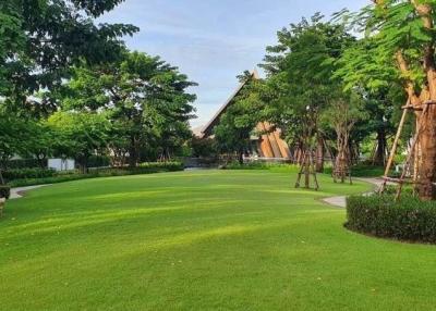 Lush green communal lawn in a residential development with trees and walkways