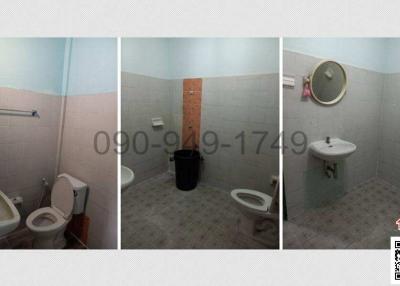 Three tiled bathroom interior views showcasing the bathtub, toilet, and sink