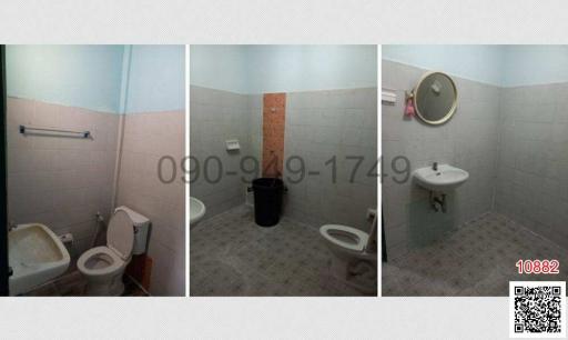 Three tiled bathroom interior views showcasing the bathtub, toilet, and sink