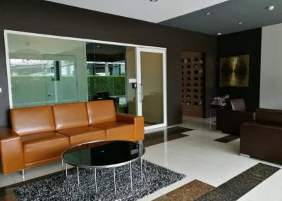Modern living room interior with leather sofa and glass coffee table
