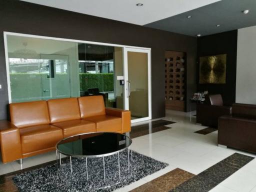 Modern living room interior with leather sofa and glass coffee table