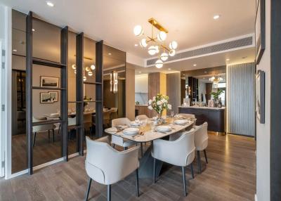 Elegant dining room with modern furniture and open plan layout