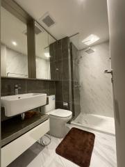 Modern bathroom interior with neutral tones