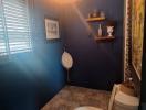 Elegantly Decorated Bathroom with Patterned Flooring and Blue Walls