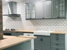 Modern kitchen interior with subway tiles and patterned floor