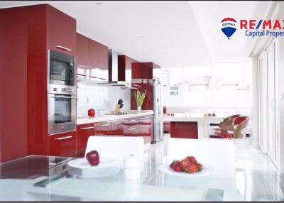 Modern kitchen with red cabinets and white interiors