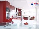 Modern kitchen with red cabinets and white interiors