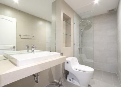 Modern bathroom with large mirror and walk-in shower