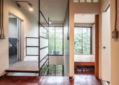 Modern hallway with stairs and large windows showing greenery outside