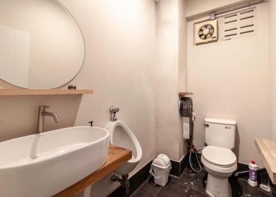 Compact bathroom with white fixtures and wooden accents