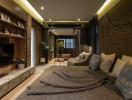 Modern bedroom with ambient lighting and stylish interior design