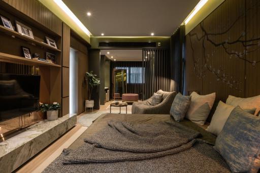 Modern bedroom with ambient lighting and stylish interior design