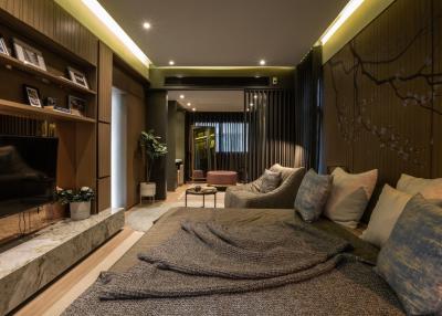 Modern bedroom with ambient lighting and stylish interior design