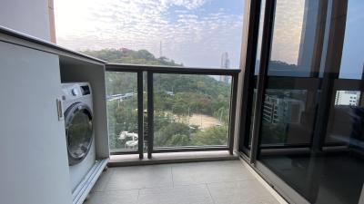 Spacious balcony with washing machine and scenic view