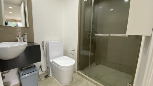 Modern bathroom interior with enclosed shower, toilet and sink