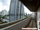 Spacious balcony with city view in a high-rise apartment building