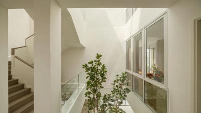 Modern staircase with natural lighting and glass balustrades