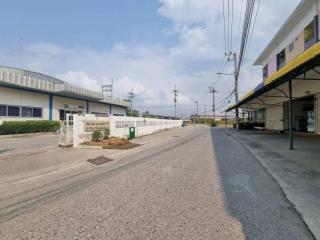 Industrial park exterior with buildings and paved road under a clear sky