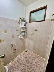 Compact bathroom with tiled walls and frosted glass window