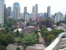 Panoramic cityscape view from the balcony of an urban apartment