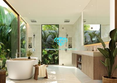 Modern spacious bathroom with natural light and garden view