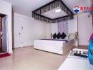 Spacious bedroom with king-sized bed and modern decor