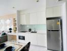 Modern white kitchen with built-in appliances and ample storage