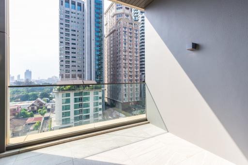 Modern apartment balcony with city view