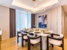 Modern dining room with stylish decor and ample lighting