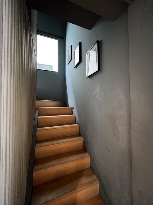 Modern staircase with wooden steps leading to the upper floor