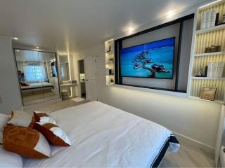 Modern bedroom with a large bed, flat-screen TV, and mirrored closet doors