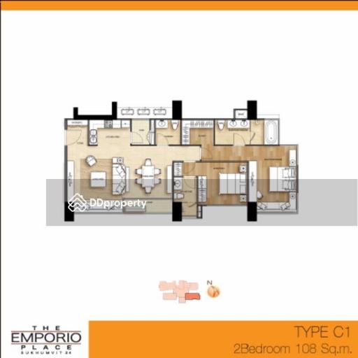 Detailed architectural floor plan of a 2-bedroom apartment at The Emporio Place